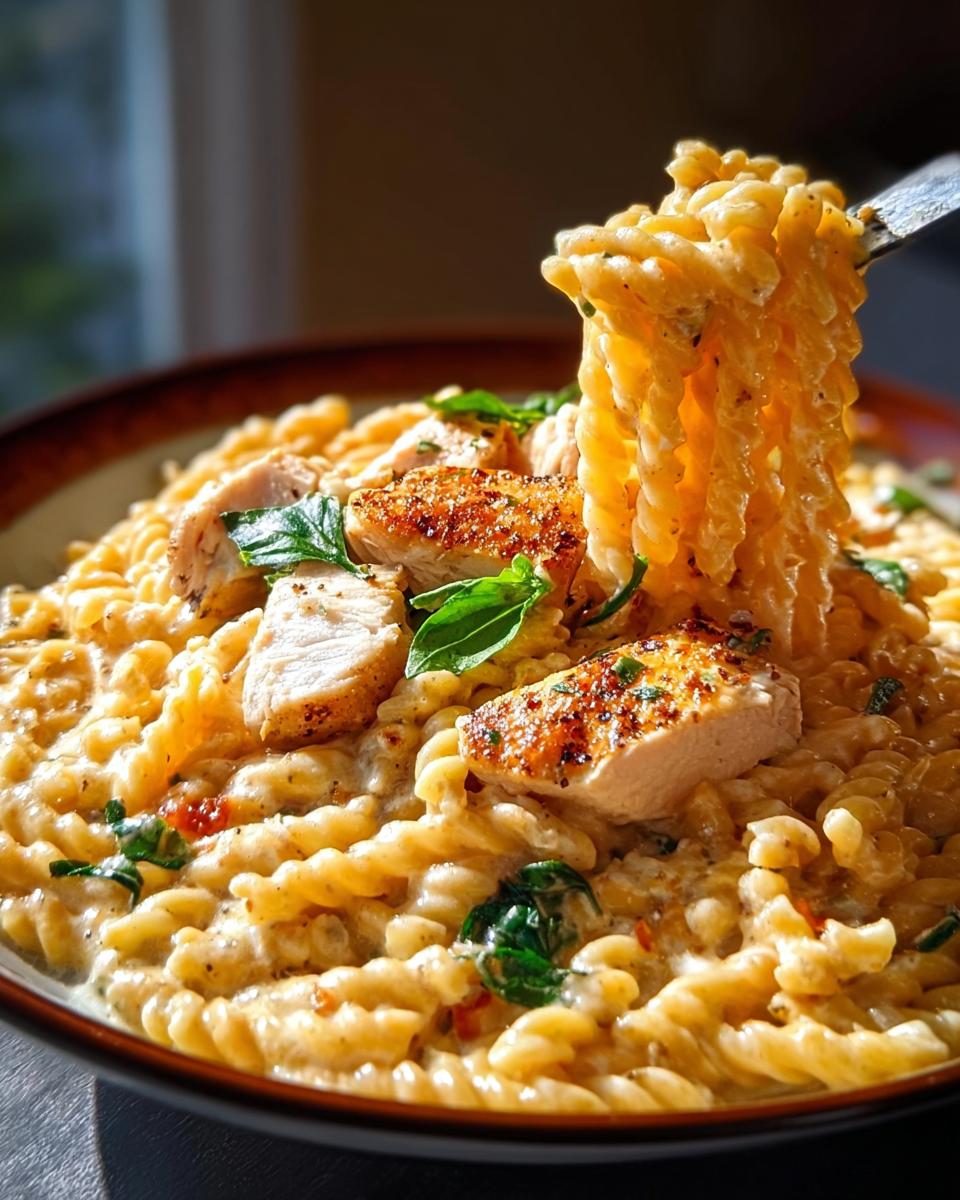 A fork lifting a swirl of Creamy Garlic Parmesan Chicken Pasta, topped with seasoned chicken pieces and fresh basil.