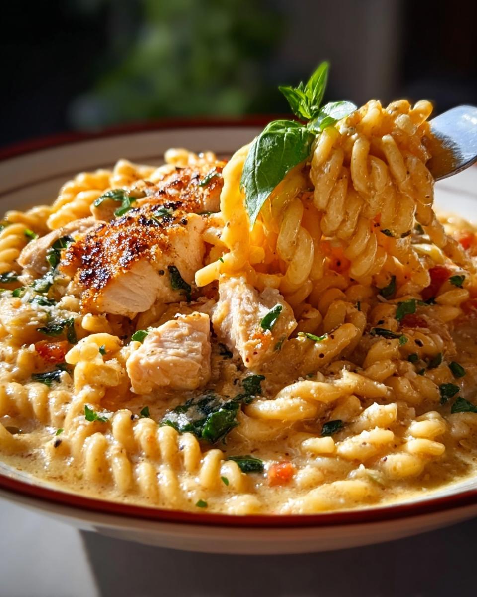 A fork lifts a bite of Creamy Garlic Parmesan Chicken Pasta, showcasing tender chicken pieces and spiral pasta in a rich sauce.