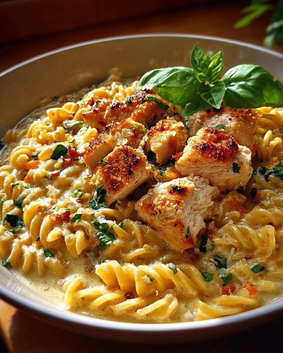 A bowl of Creamy Garlic Parmesan Chicken Pasta topped with pan-seared chicken pieces and fresh basil.