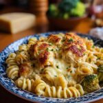 A bowl of creamy garlic parmesan chicken pasta with rotini noodles, broccoli florets, and baked chicken.