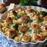 Close-up of Creamy Garlic Parmesan Chicken Pasta with broccoli and melted cheese, garnished with parsley.