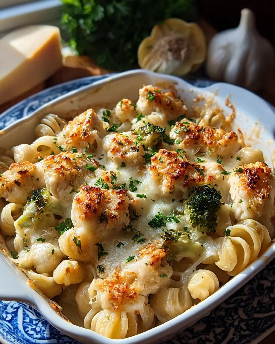 Close-up of a creamy garlic parmesan chicken pasta bake with broccoli and melted cheese, garnished with parsley.