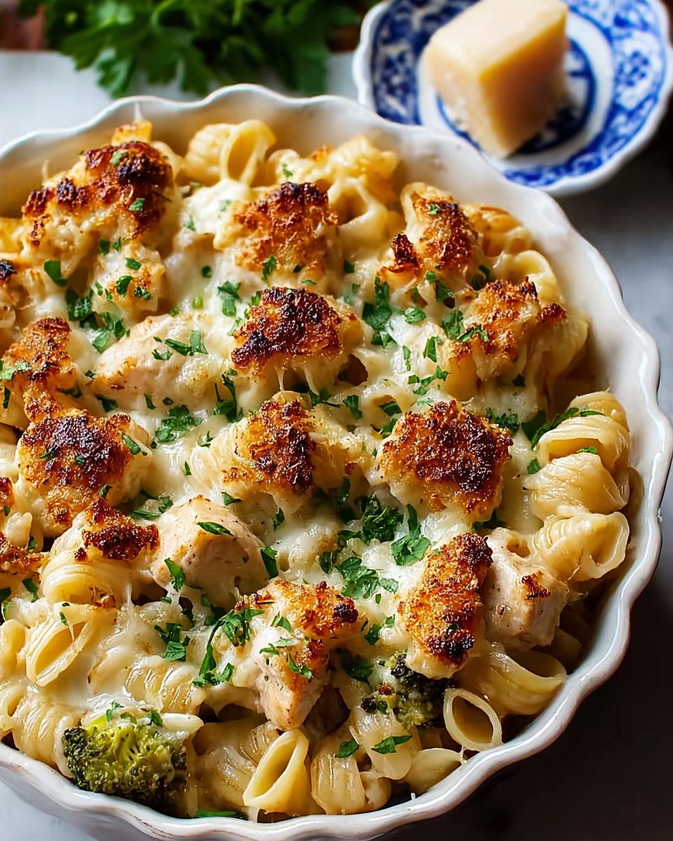A close-up of creamy garlic parmesan chicken pasta bake in a white dish, topped with golden-brown chicken pieces and fresh parsley.
