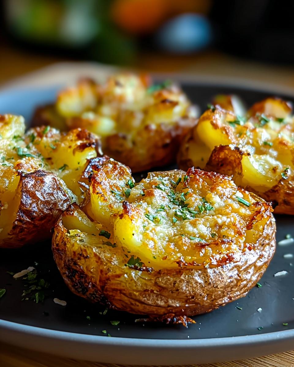 Close-up of creamy garlic parmesan potatoes, baked to golden perfection and sprinkled with fresh parsley.