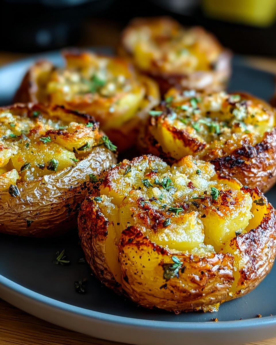 Close-up of baked Creamy Garlic Parmesan Potatoes, golden brown and sprinkled with herbs.