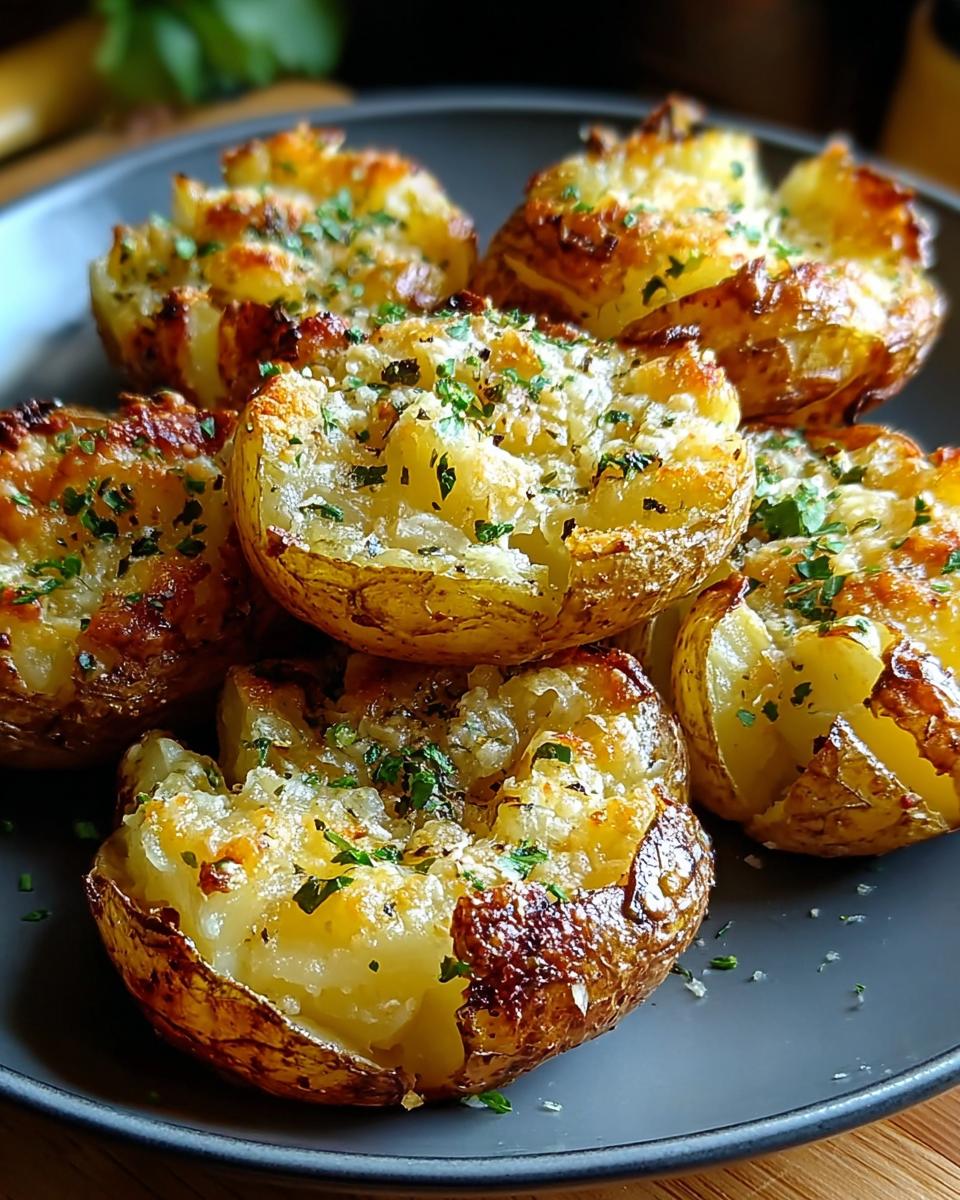 Close-up of baked Creamy Garlic Parmesan Potatoes, topped with melted cheese and fresh parsley.
