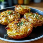 A close-up of four delicious Creamy Garlic Parmesan Potatoes, topped with herbs and cheese, served on a black plate.