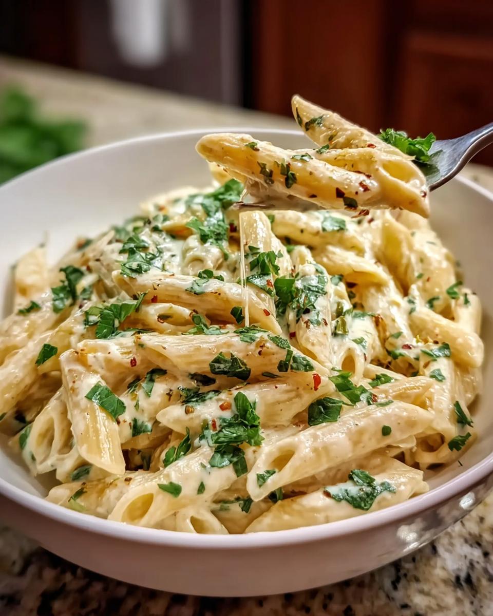 A fork lifting a portion of creamy garlic penne pasta from a white bowl, garnished with fresh parsley and red pepper flakes.