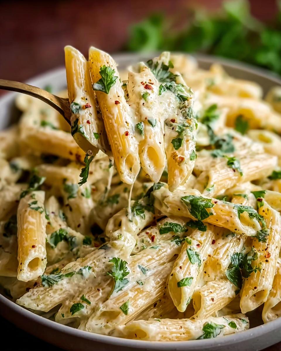 A fork lifting a portion of creamy garlic penne pasta, garnished with parsley and red pepper flakes.