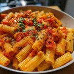 A close-up of a bowl of creamy garlic tomato pasta, garnished with fresh basil.