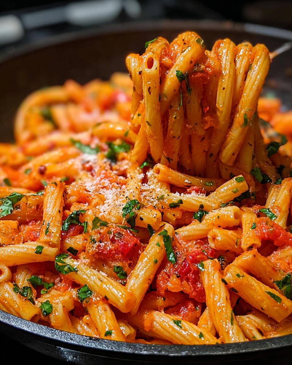 A close-up of creamy garlic tomato pasta with fresh parsley and grated cheese.