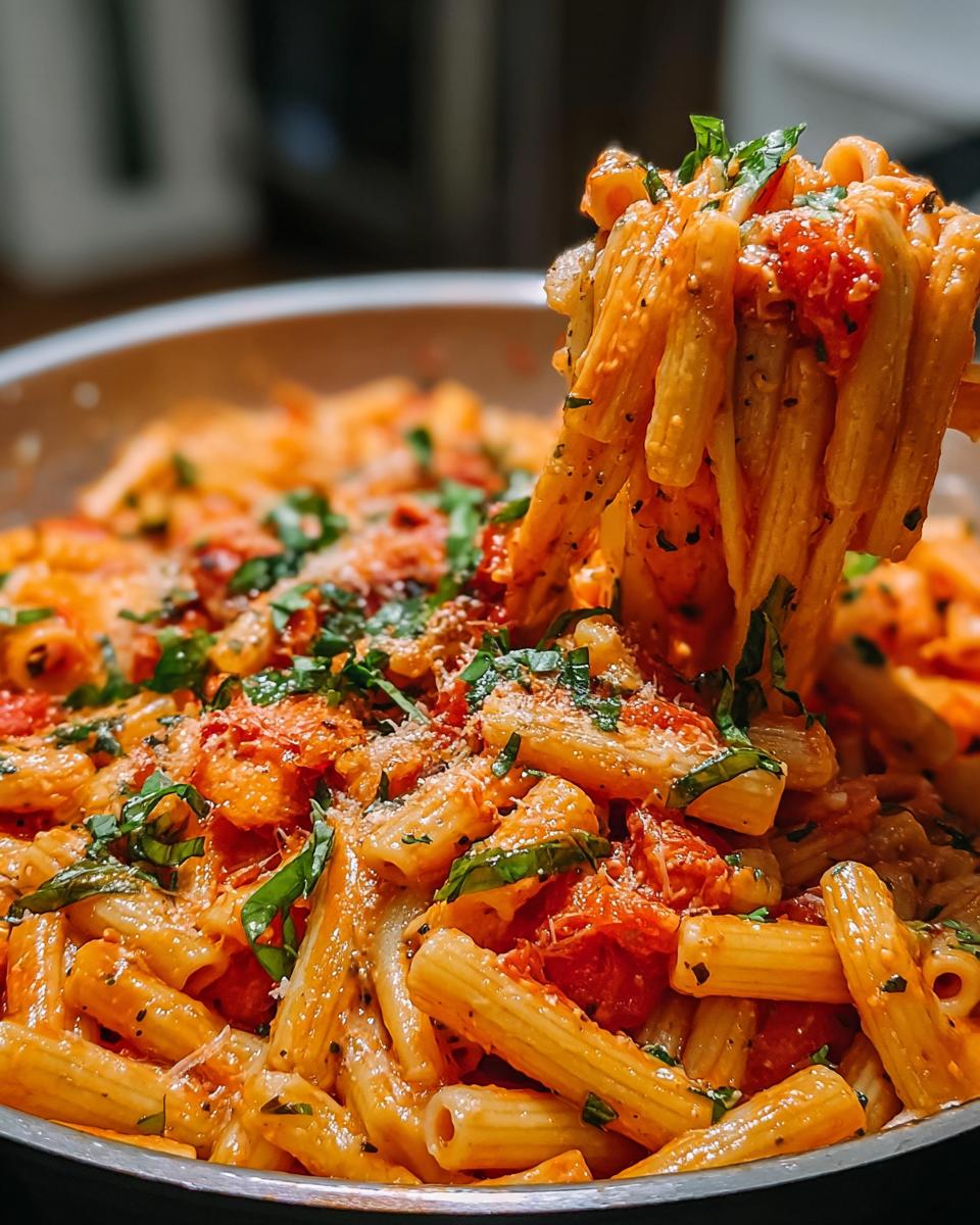 A close-up shot of creamy garlic tomato pasta being lifted with a fork, garnished with fresh basil and Parmesan cheese.