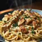 A close-up of Creamy Italian Chicken Pasta, featuring tender chicken pieces and spaghetti coated in a rich sauce, garnished with fresh parsley.