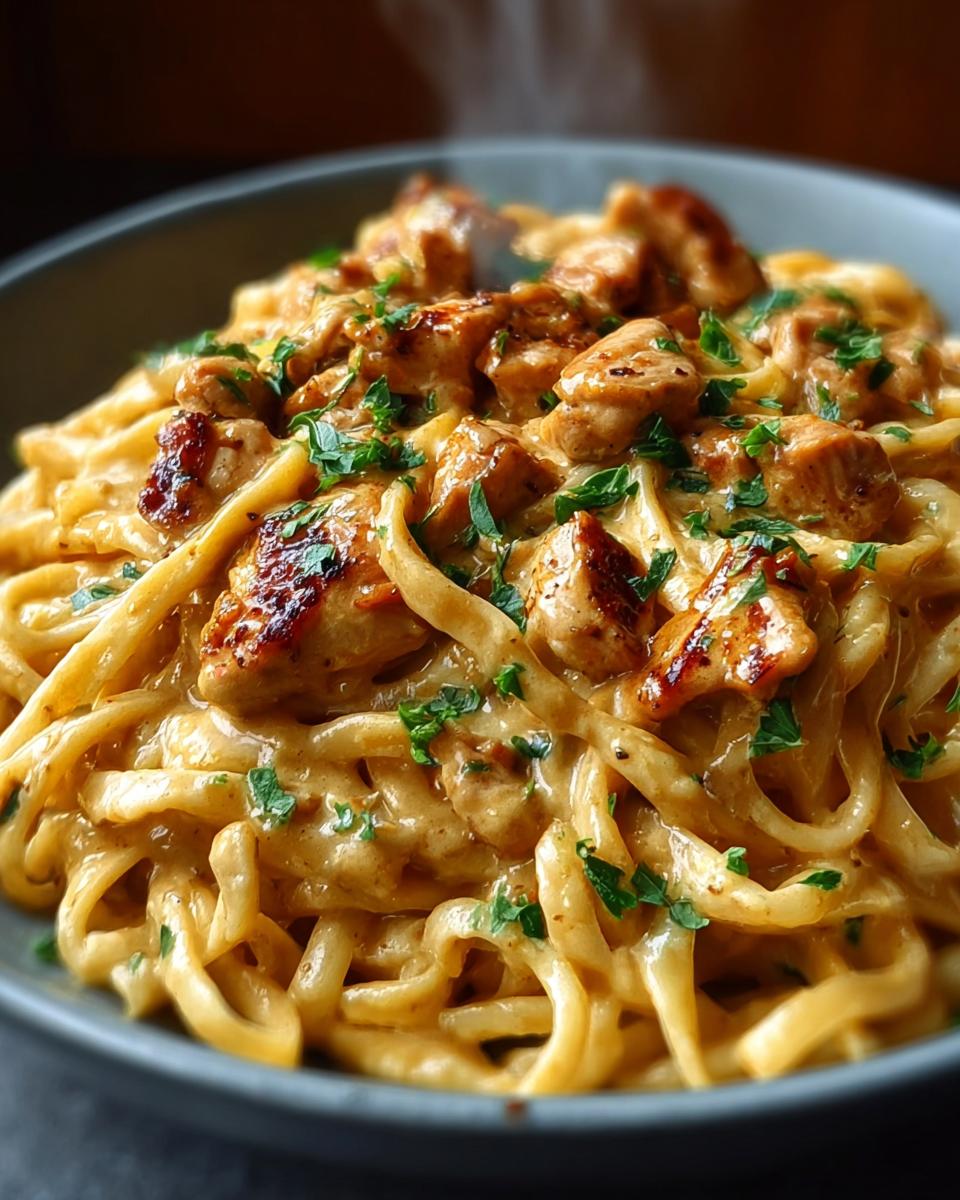 A close-up of creamy Italian chicken pasta, featuring tender chicken pieces and linguine noodles coated in a rich sauce, garnished with parsley.