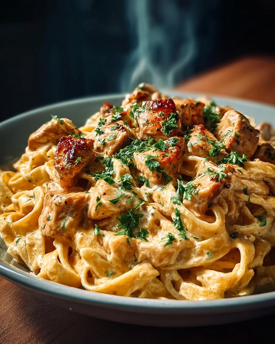 A close-up of Creamy Italian Chicken Pasta, featuring fettuccine noodles coated in a rich sauce, topped with pan-seared chicken and fresh parsley.