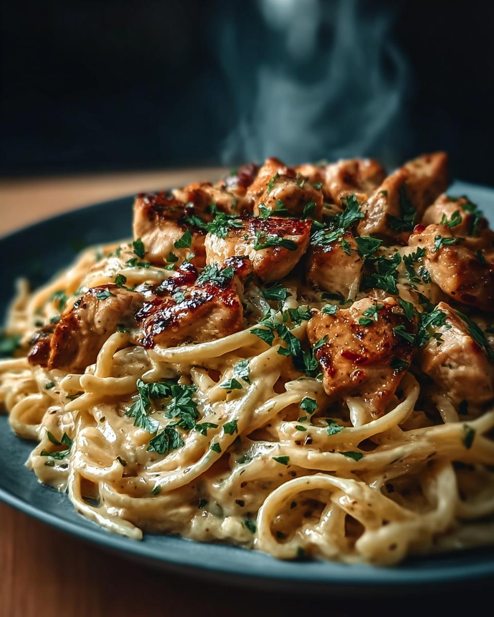 Close-up of a steaming plate of Creamy Italian Chicken Pasta, topped with chopped parsley.
