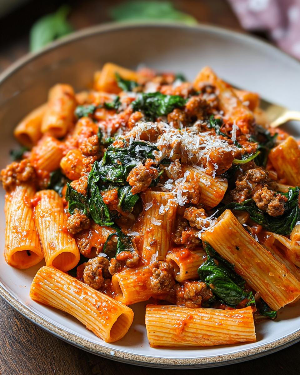 A close-up of a bowl filled with creamy Italian sausage rigatoni pasta, topped with spinach and grated Parmesan cheese.