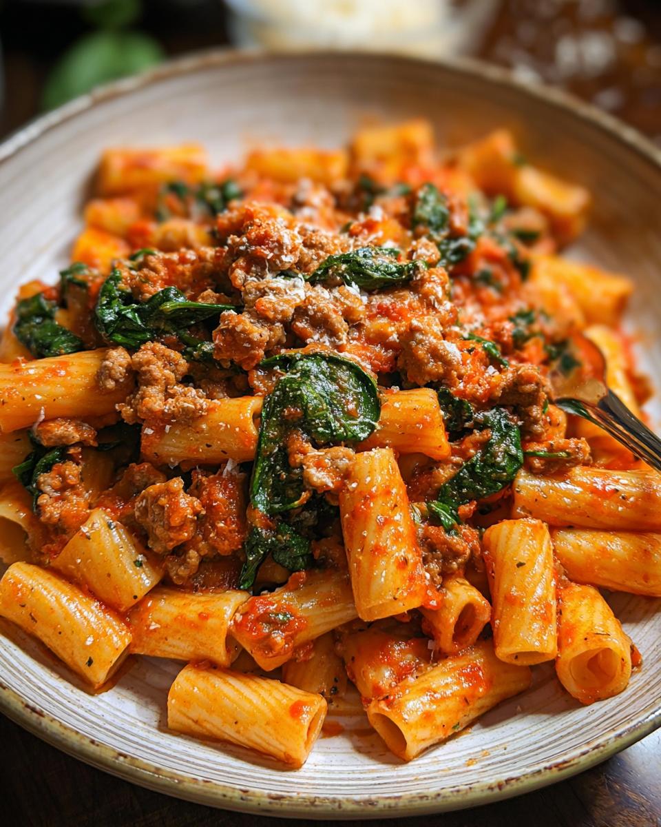 A close-up of a bowl filled with Creamy Italian Sausage Rigatoni Pasta, featuring rigatoni noodles, rich tomato sauce, crumbled Italian sausage, and wilted spinach.