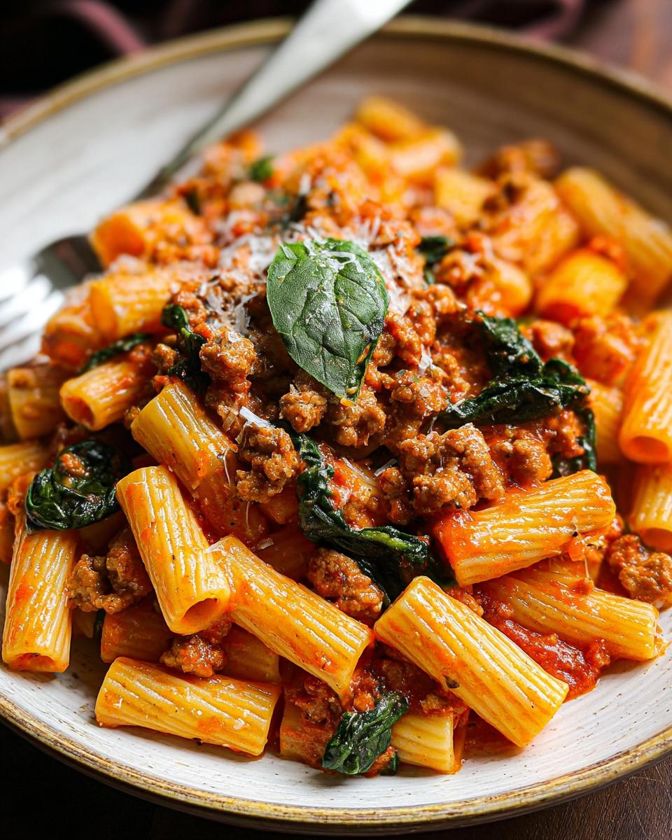 A close-up of a bowl of creamy Italian sausage rigatoni pasta with spinach and grated cheese.