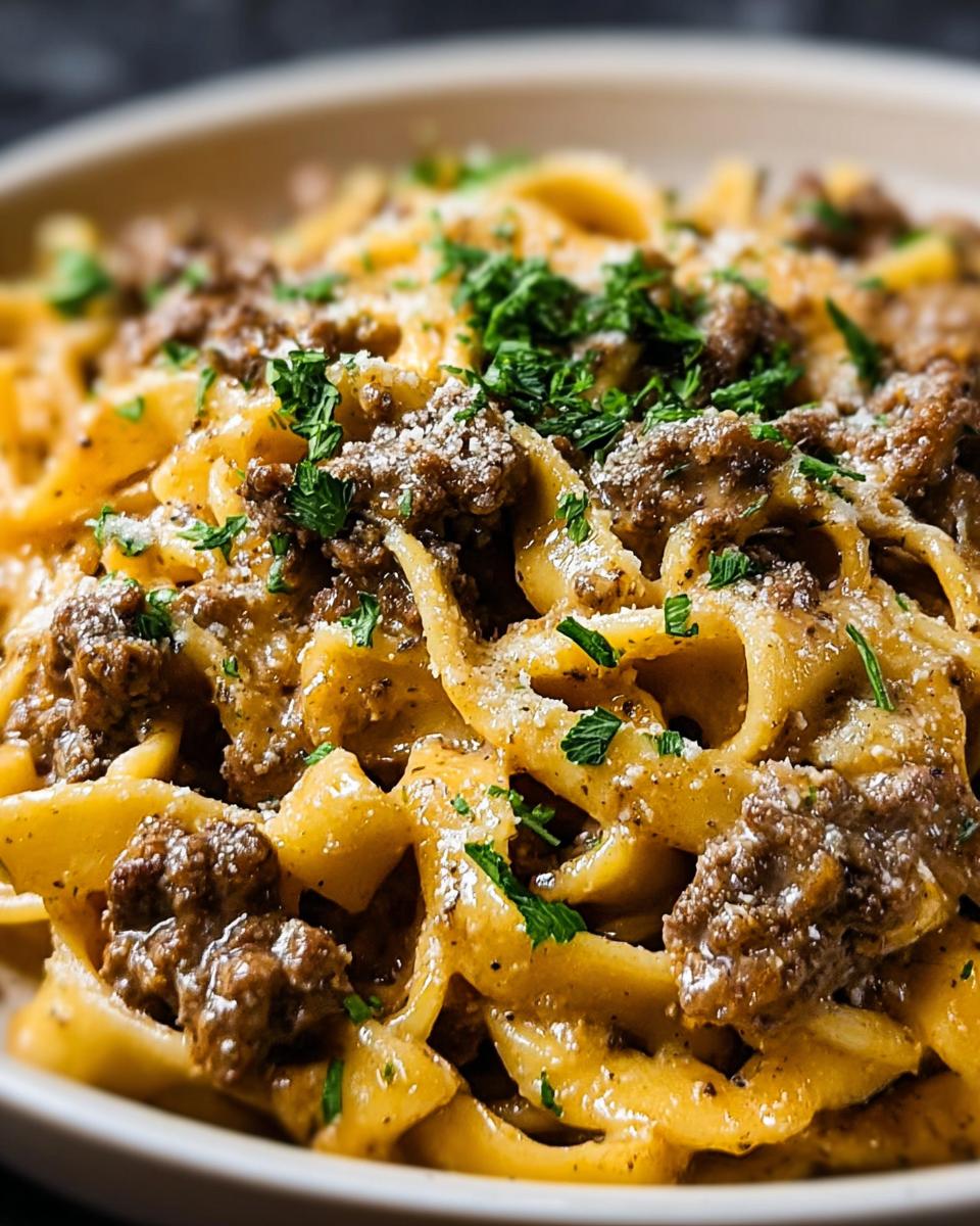 Close-up of creamy one-pot beef pasta with garlic butter, garnished with parsley and Parmesan cheese.