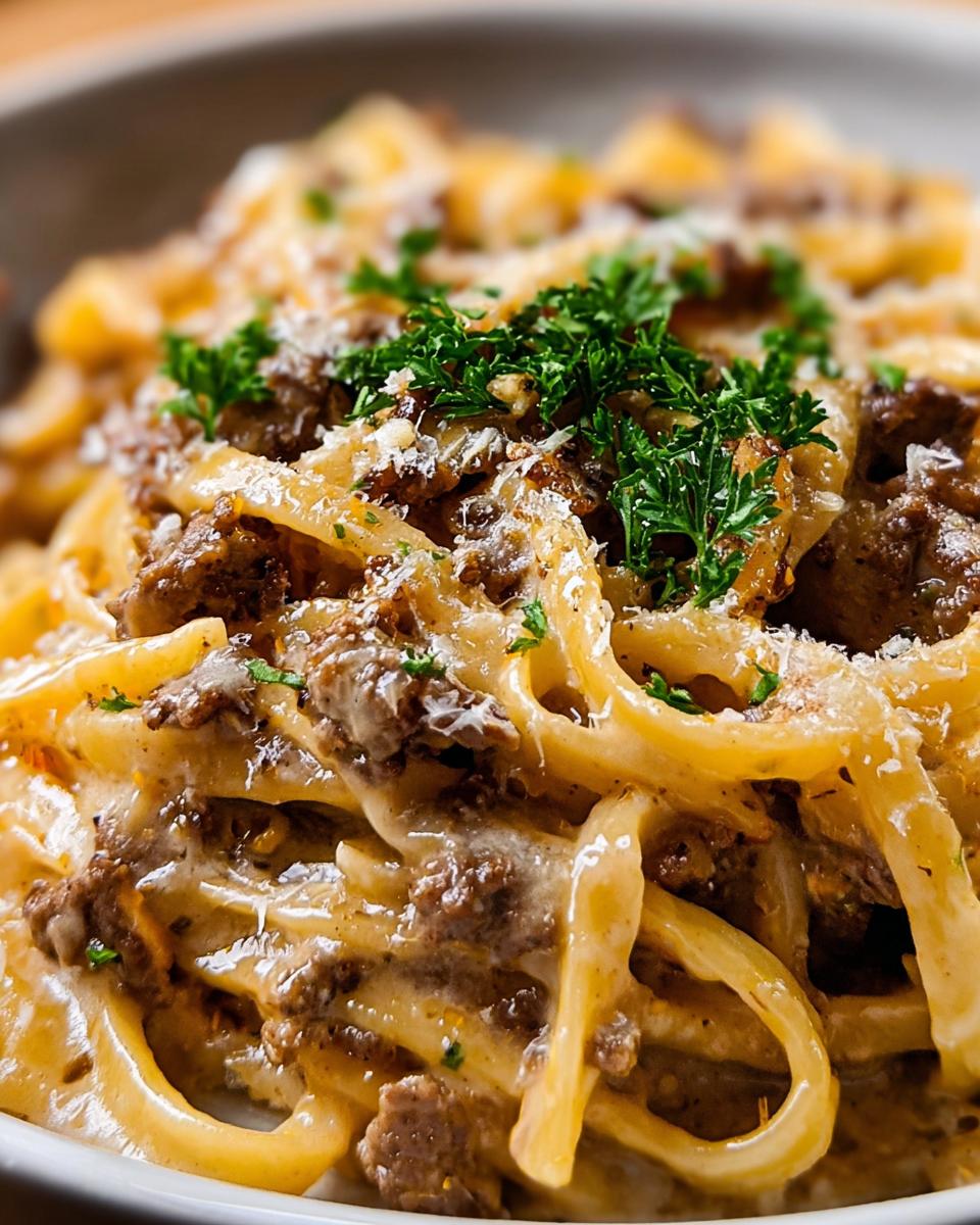 Close-up of creamy one-pot beef pasta with garlic butter, topped with fresh parsley and grated cheese.