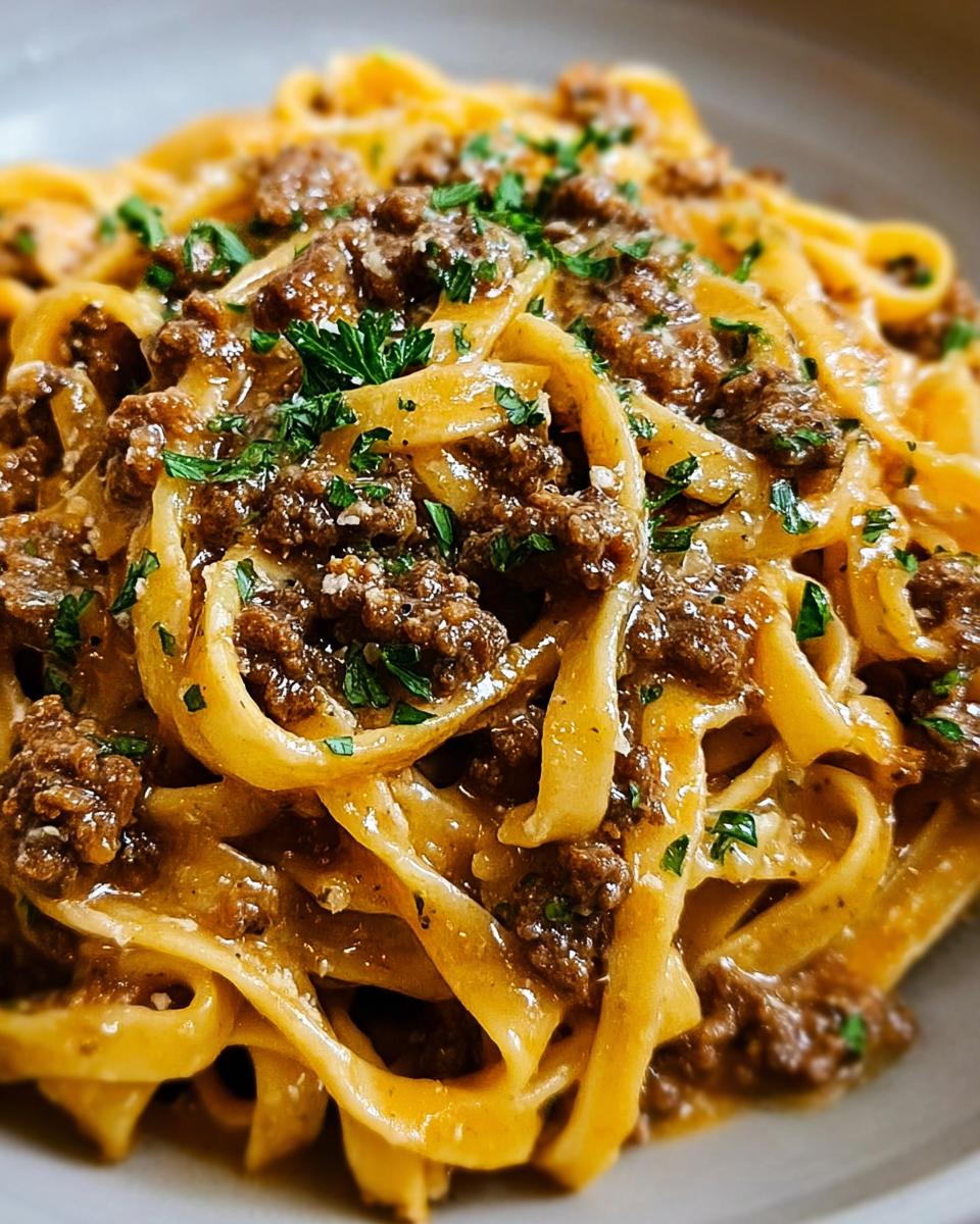 Close-up of creamy one-pot beef pasta with garlic butter, garnished with fresh parsley.