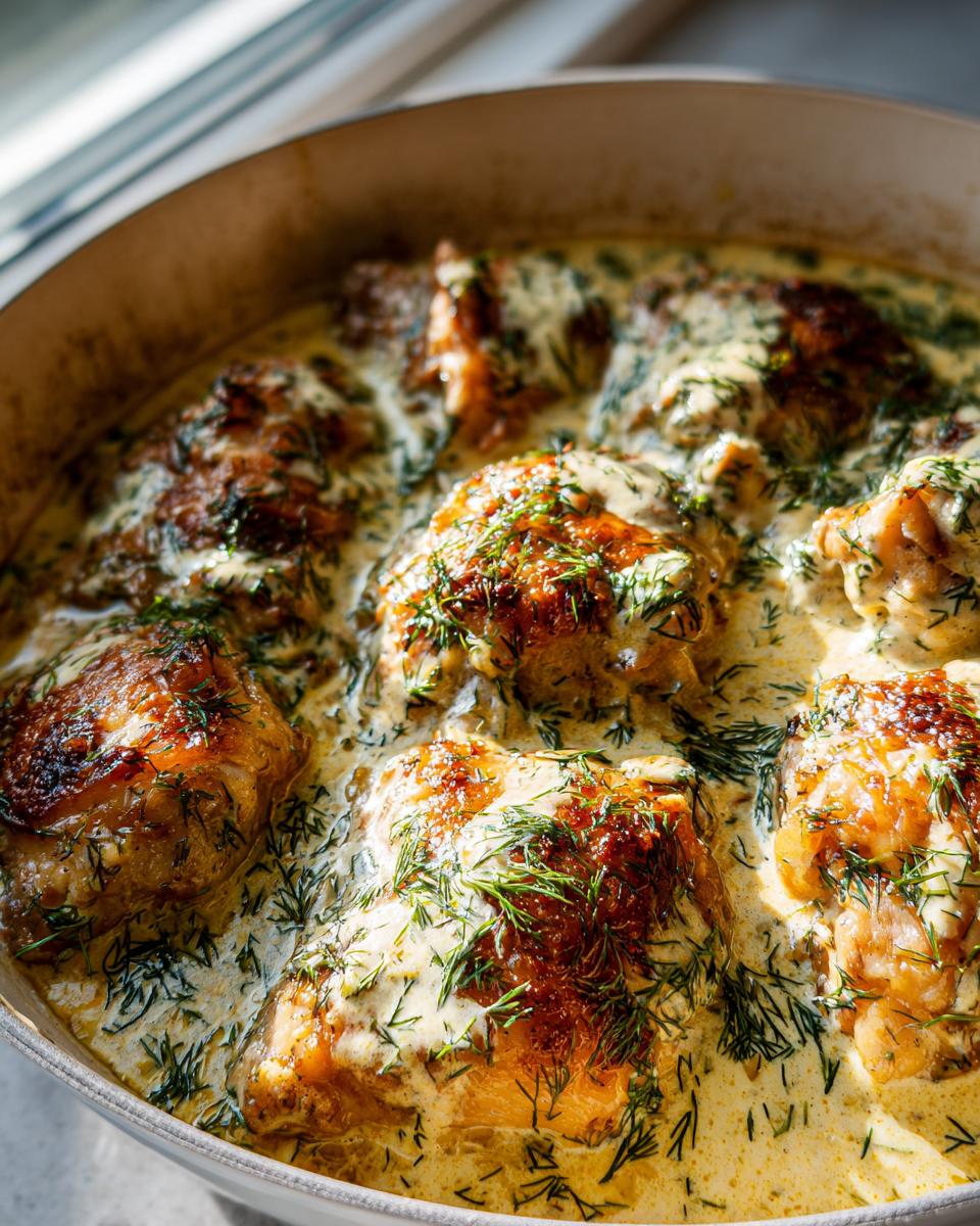 Close-up of creamy oven baked chicken thighs in a creamy sauce, garnished with fresh dill.