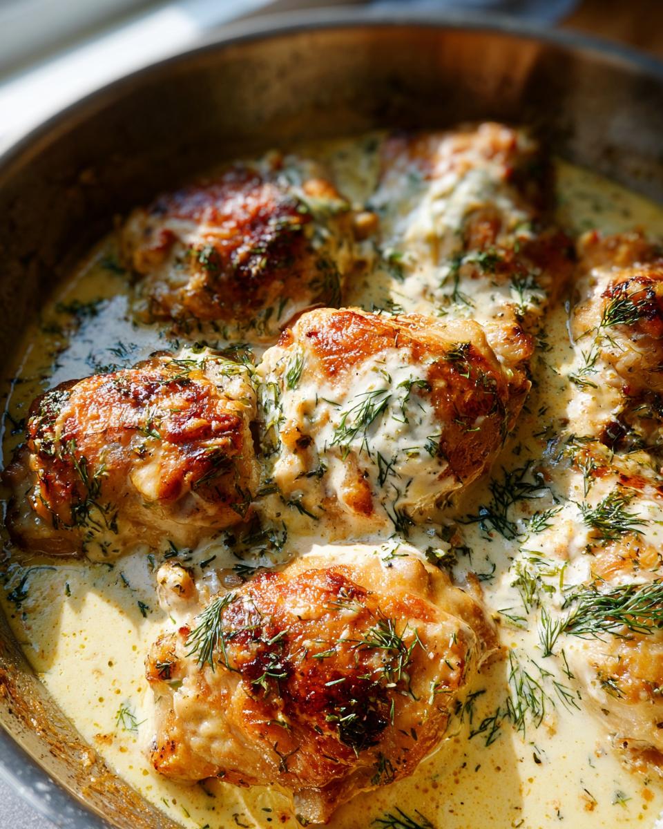 Close-up of creamy oven baked chicken thighs in a rich sauce, garnished with fresh dill.