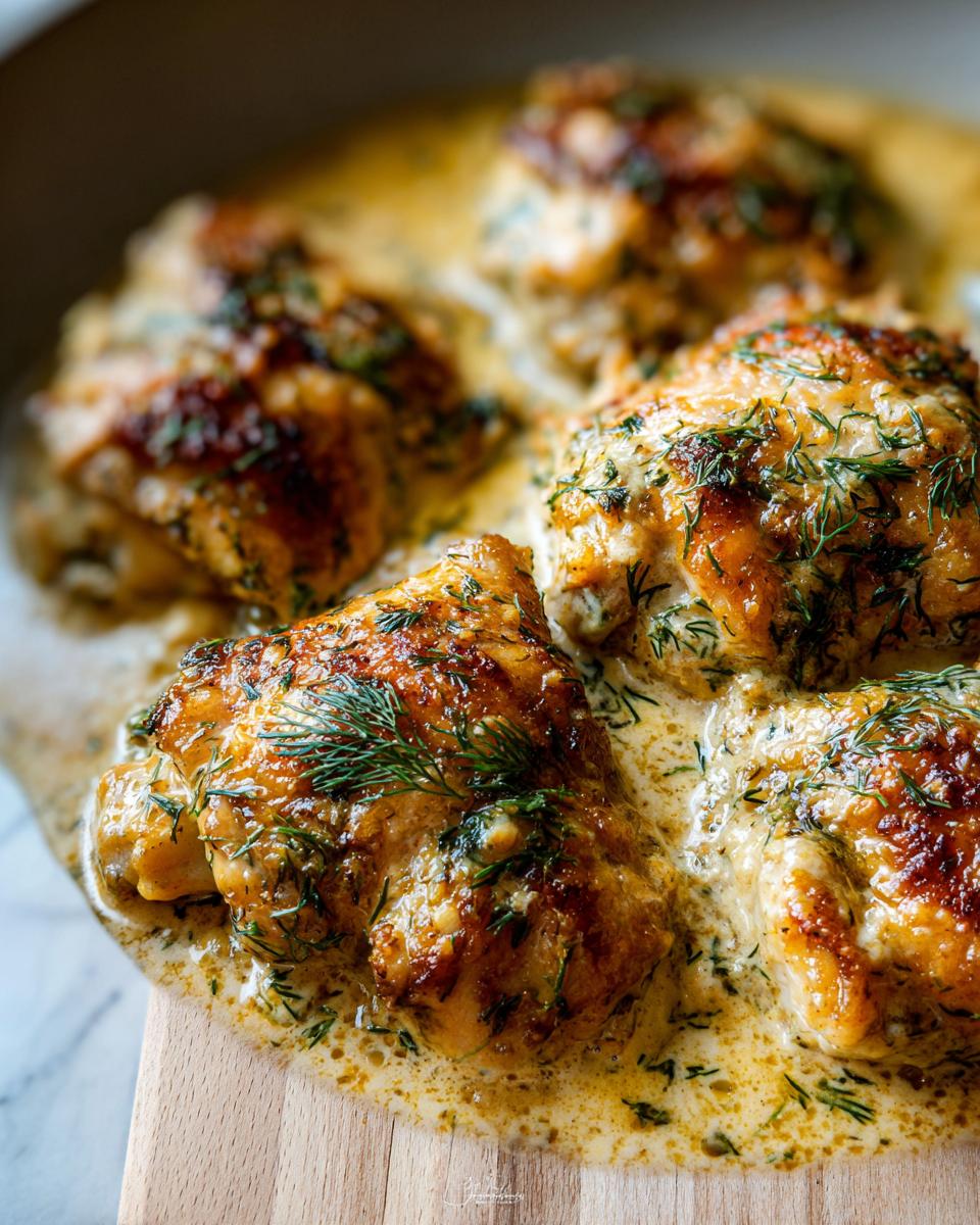 Close-up of creamy oven baked chicken thighs in a rich sauce, garnished with fresh dill.