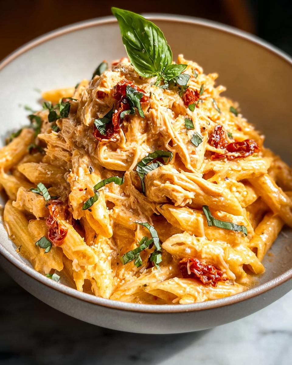 Close-up of a bowl of creamy pasta with shredded chicken, sun-dried tomatoes, and fresh basil.