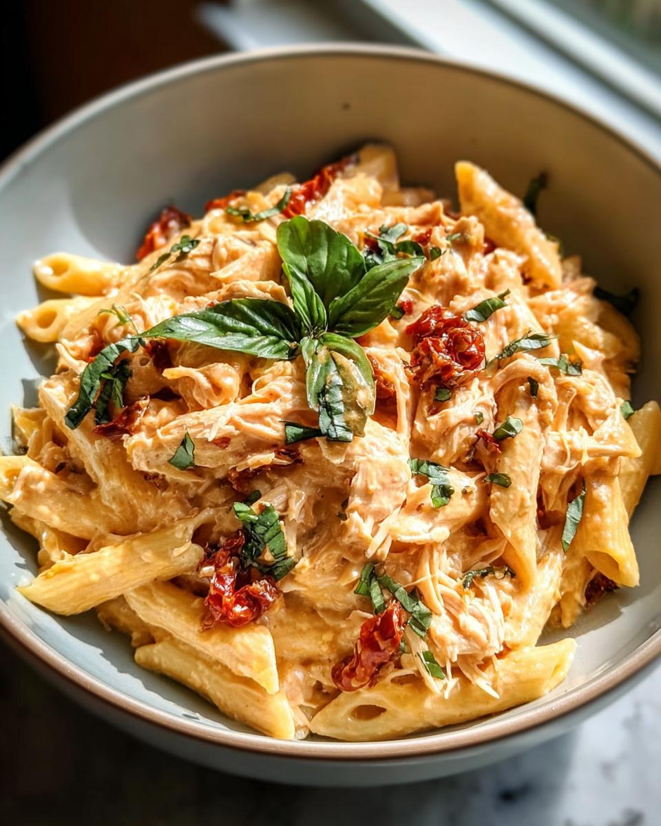 A close-up of a bowl of creamy pasta with shredded chicken, sun-dried tomatoes, and fresh basil.