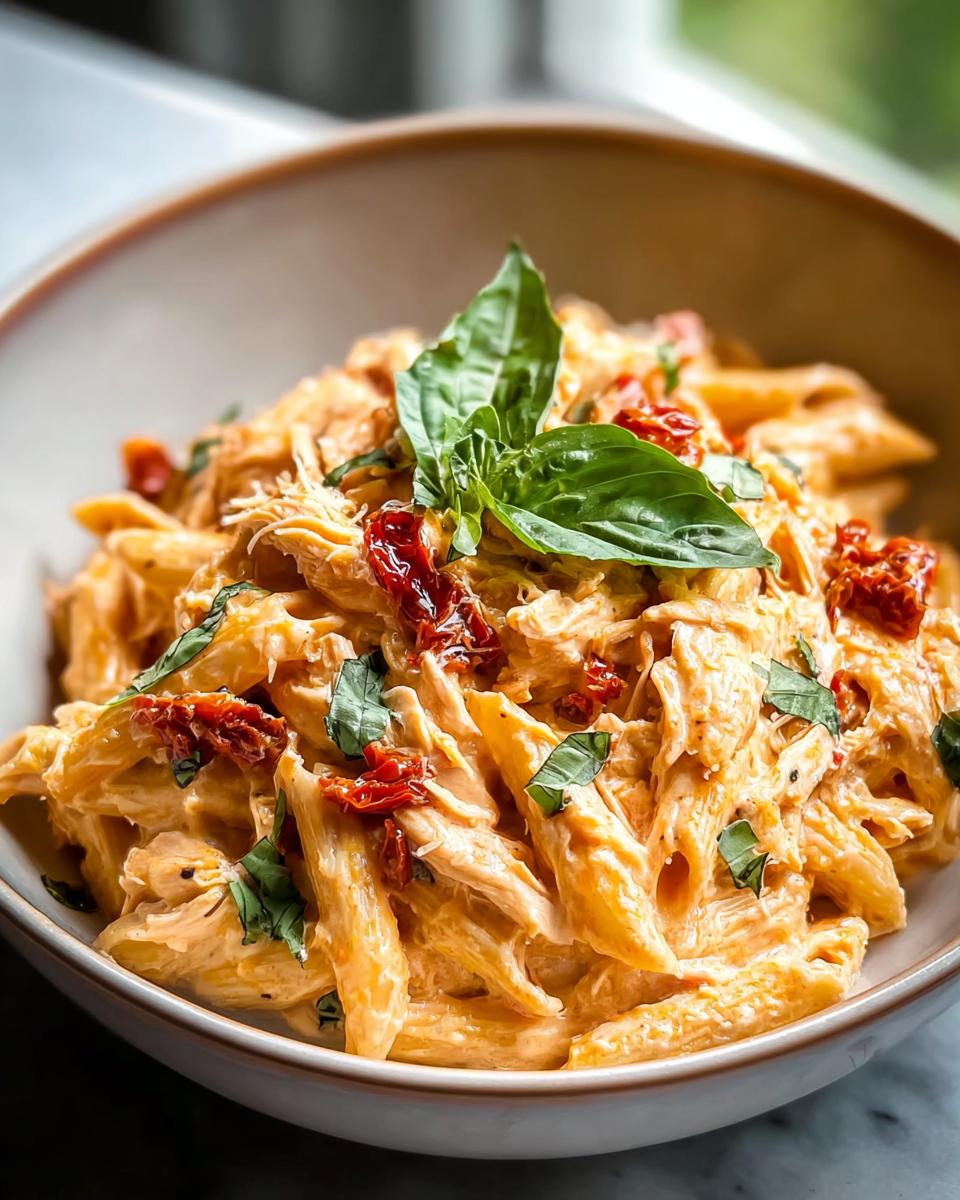 A close-up of a bowl of creamy pasta recipe with penne pasta, shredded chicken, sun-dried tomatoes, and fresh basil leaves.