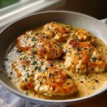 Close-up of golden-brown, pan-seared chicken breasts coated in a creamy ranch sauce, garnished with fresh parsley.