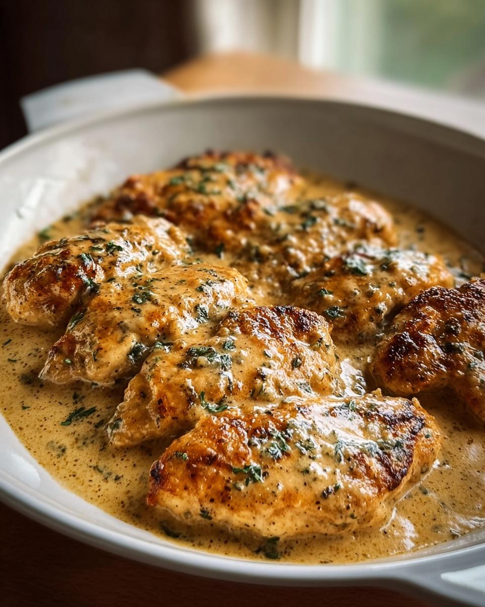 Close-up of Crave-Worthy chicken breasts coated in a creamy ranch sauce with herbs.