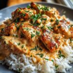 Close-up of creamy smothered chicken served over fluffy white rice, garnished with parsley.