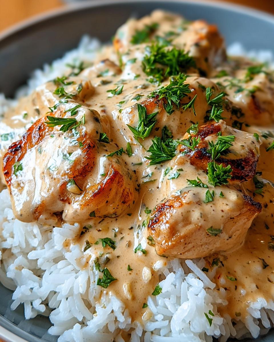 Close-up of creamy smothered chicken served over fluffy white rice, garnished with fresh parsley.