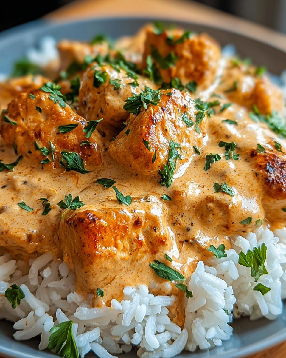 Close-up of creamy smothered chicken and rice, garnished with fresh parsley.