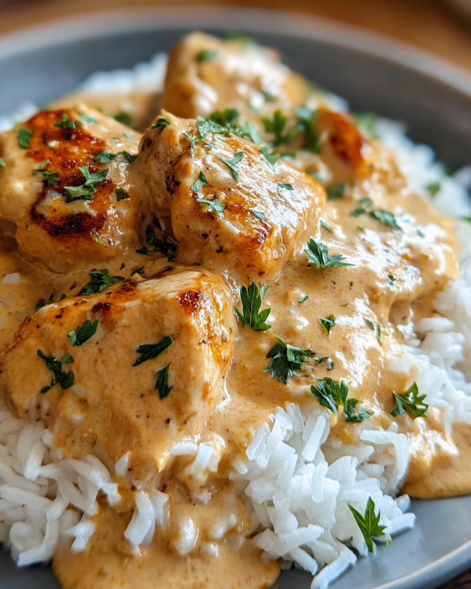Close-up of creamy smothered chicken pieces served over white rice, garnished with fresh parsley.
