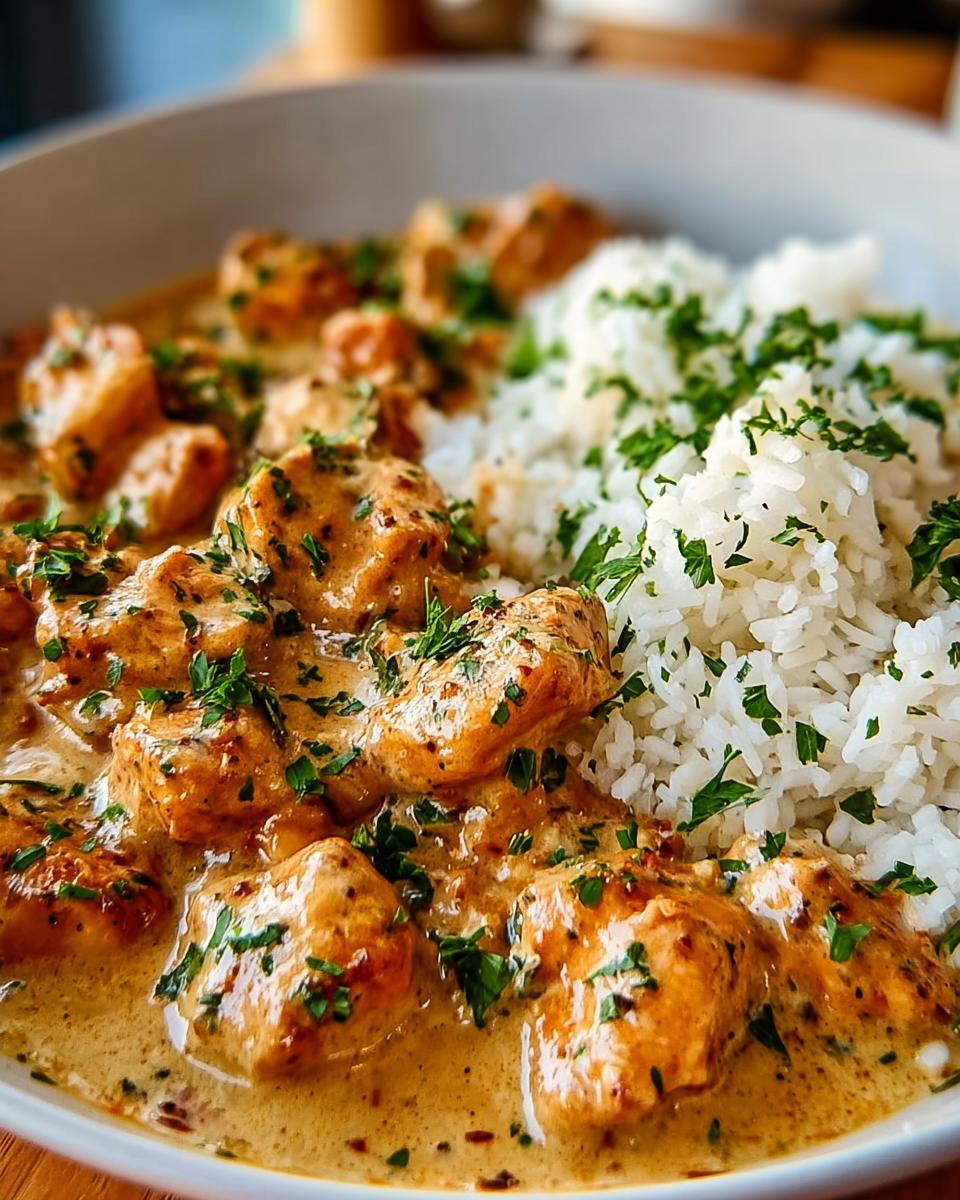 A close-up of creamy smothered chicken and rice, garnished with fresh parsley.