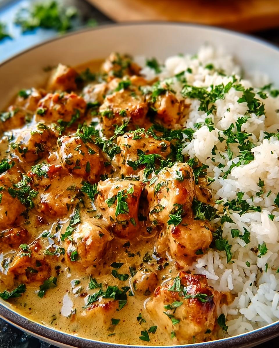 A close-up of creamy smothered chicken and rice, garnished with fresh parsley.