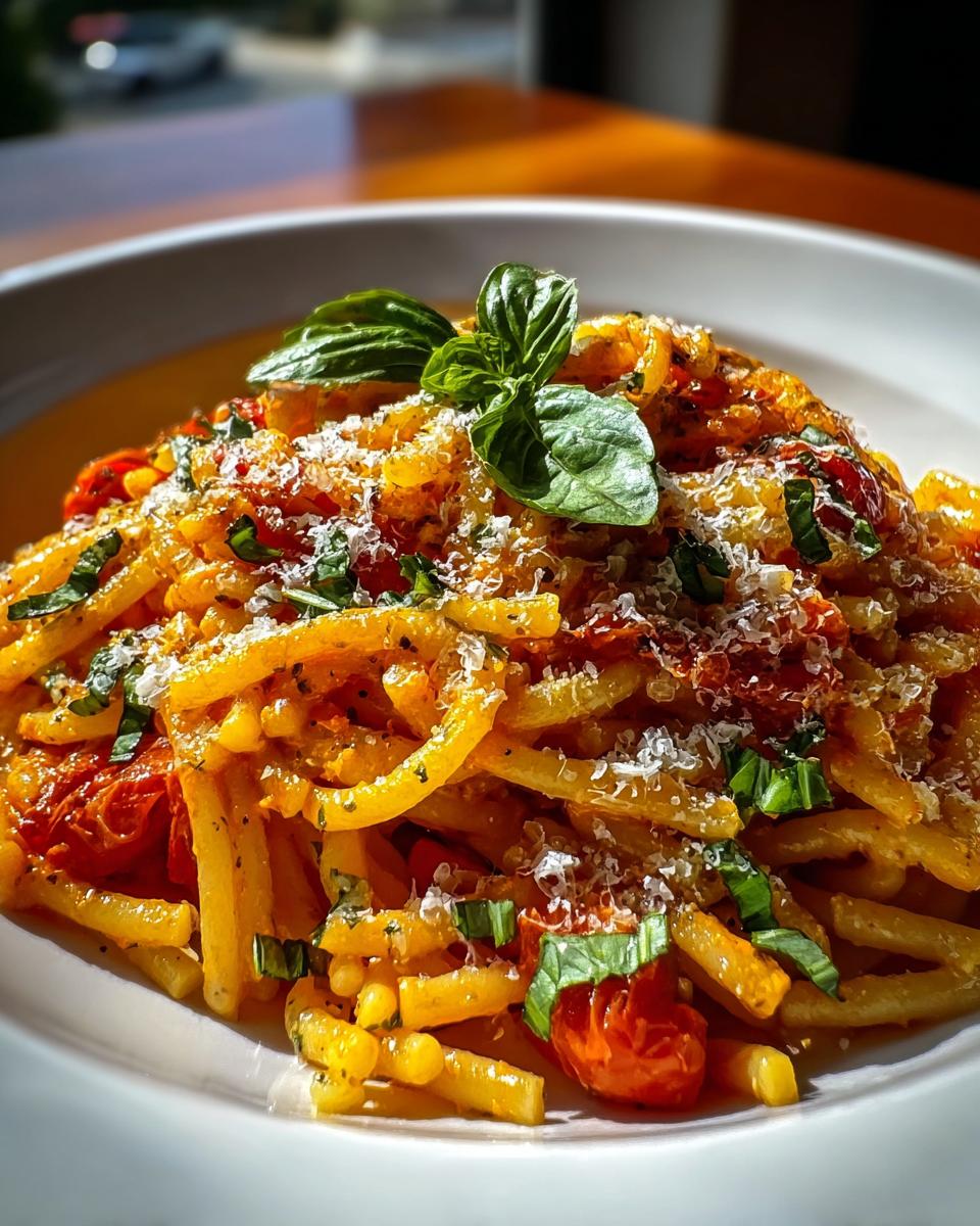 A close-up of a bowl of Quick Creamy Tomato Garlic Pasta, garnished with fresh basil and grated cheese.