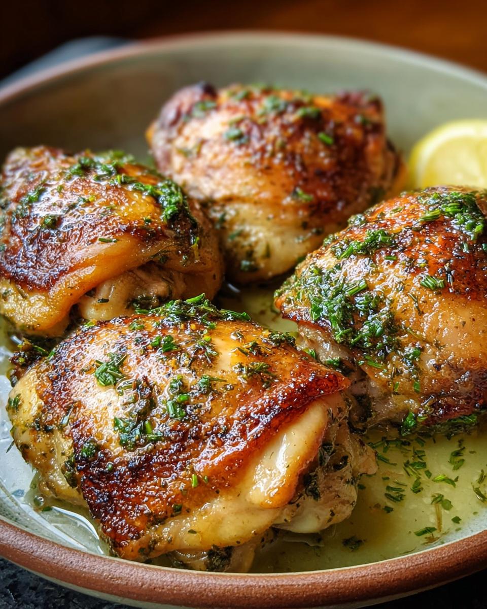Close-up of four crispy baked chicken thighs with herb butter, garnished with fresh herbs and a lemon wedge.