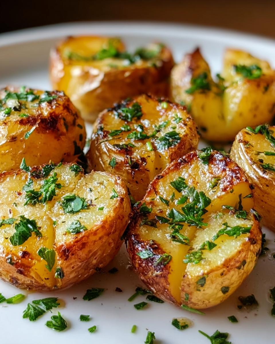 Close-up of crispy baked garlic butter potatoes with fresh herbs and a golden crust.