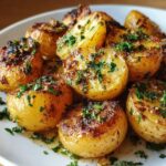 Close-up of crispy baked garlic butter potatoes with fresh herbs and a perfect golden crust.
