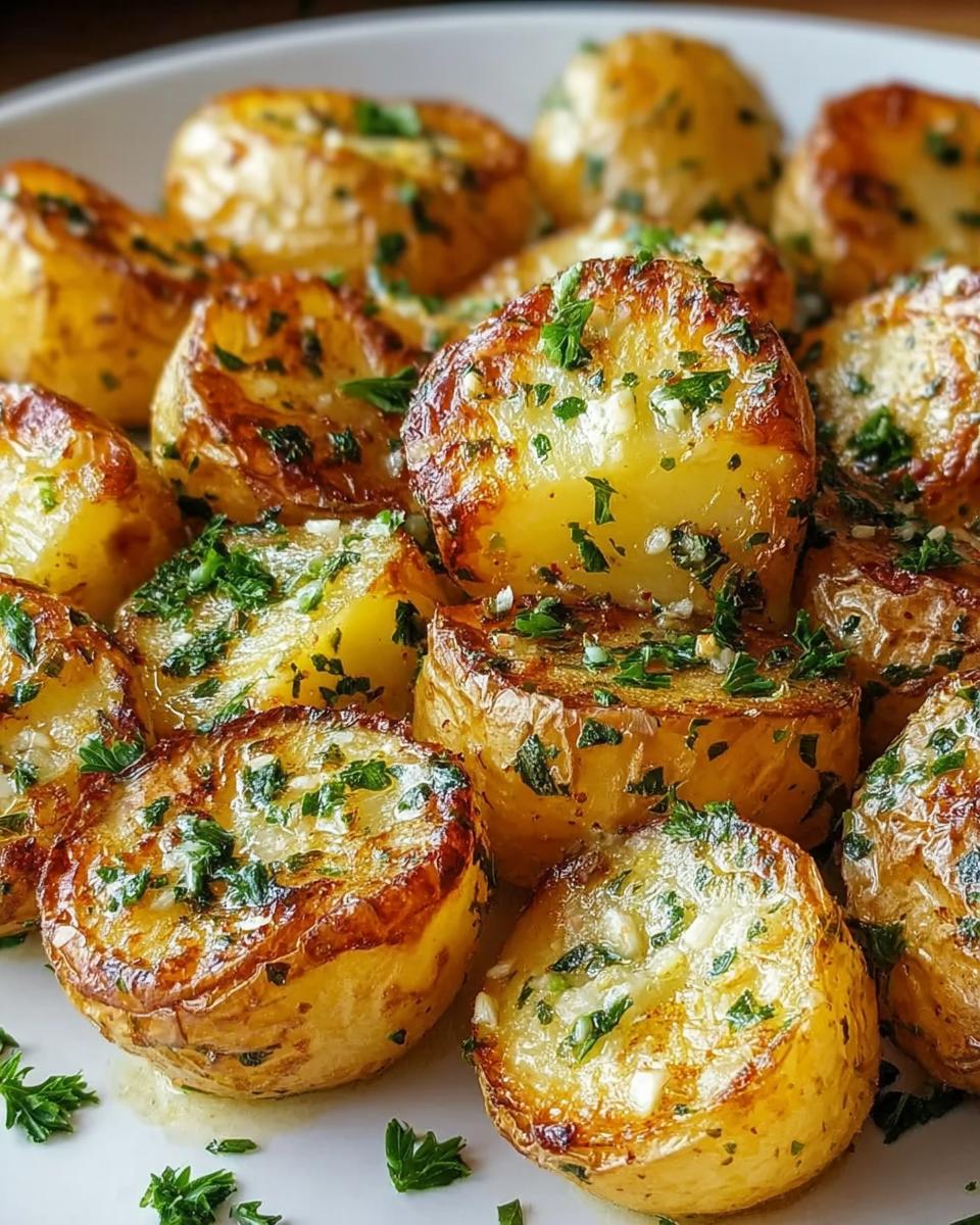 Close-up of crispy baked garlic butter potatoes with fresh herbs and a golden crust.