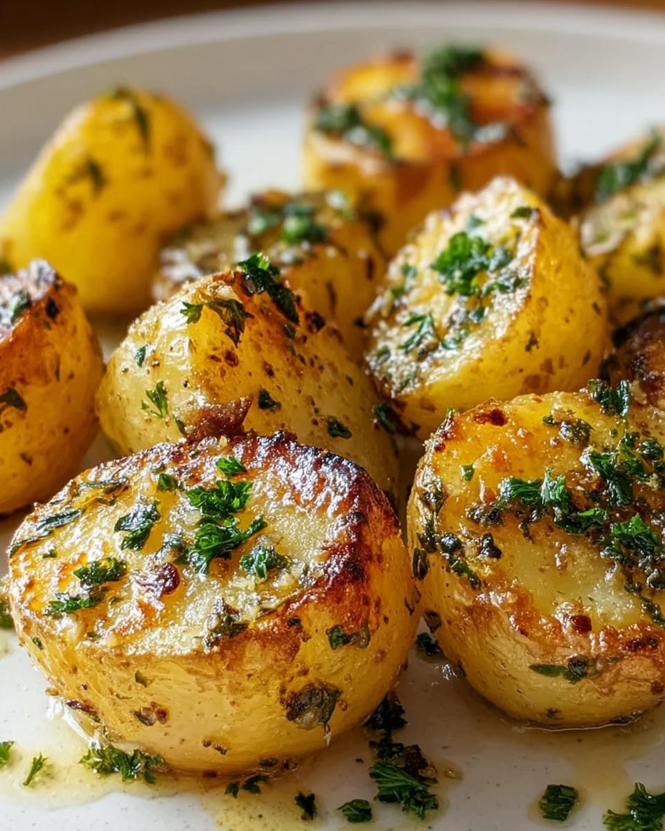 Close-up of crispy baked garlic butter potatoes, glistening with butter and sprinkled with fresh herbs.