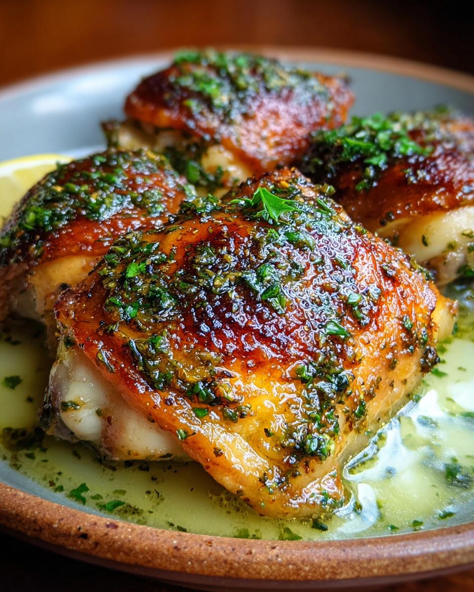 Close-up of crispy baked chicken thighs with herb butter and a lemon slice.