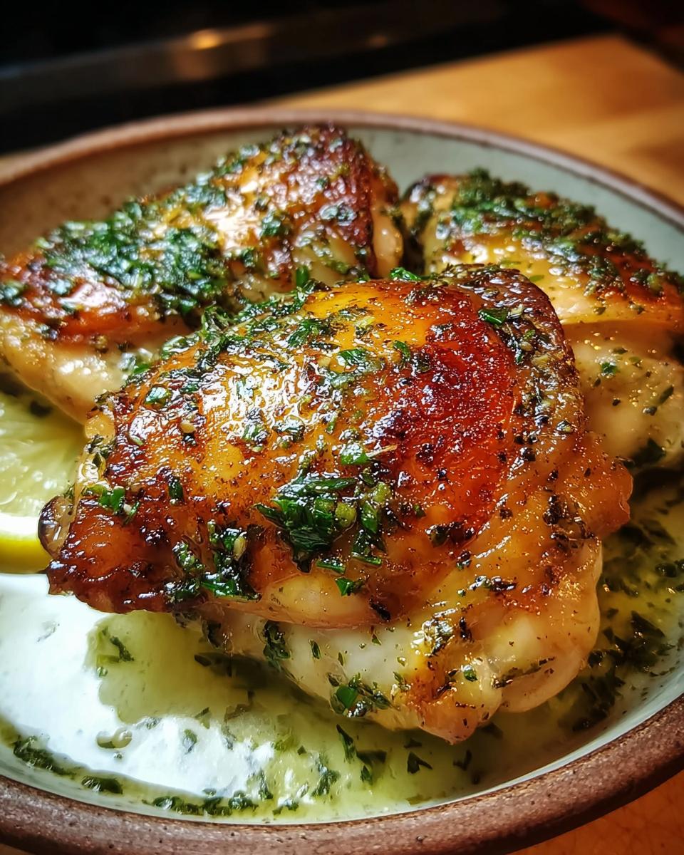 Close-up of crispy baked chicken thighs with herb butter sauce and fresh parsley.