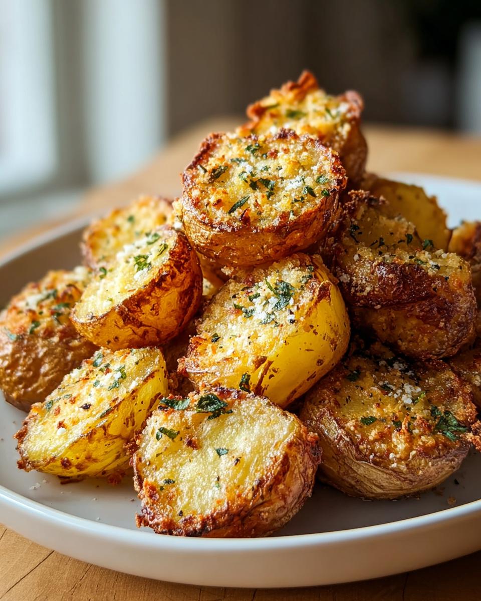 A pile of golden-brown Crispy Crunchy Parmesan Potatoes, sprinkled with fresh parsley and grated Parmesan cheese.