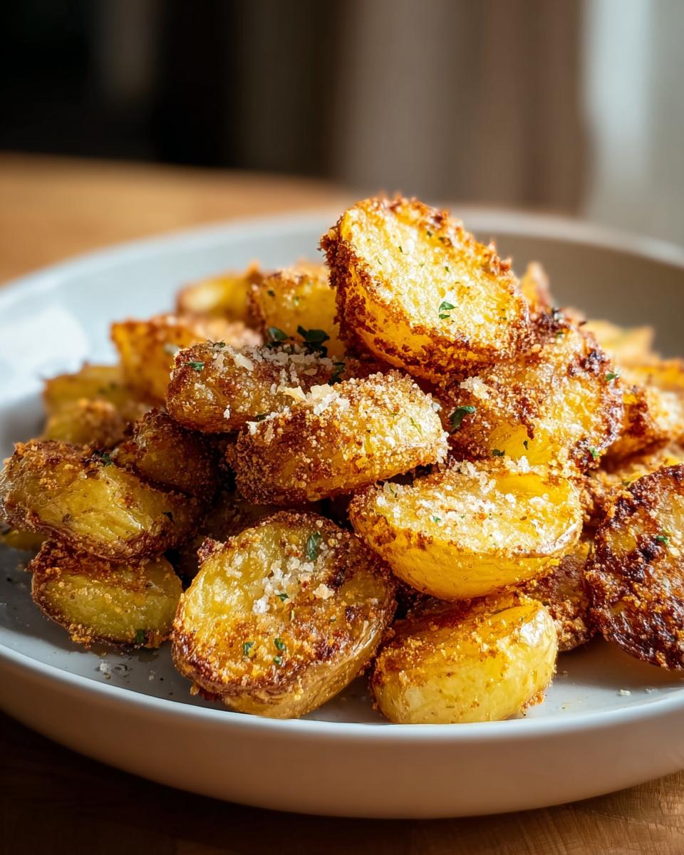 A close-up of a pile of Crispy Crunchy Parmesan Potatoes, perfectly roasted and golden brown.